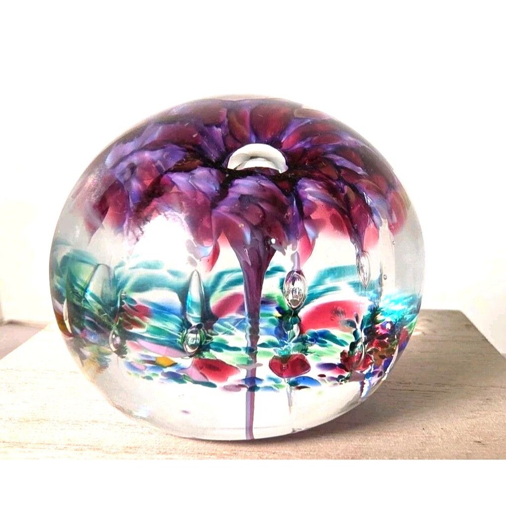 Vintage August Hueter Signed Purple Multicolor Floral Paperweight 1995